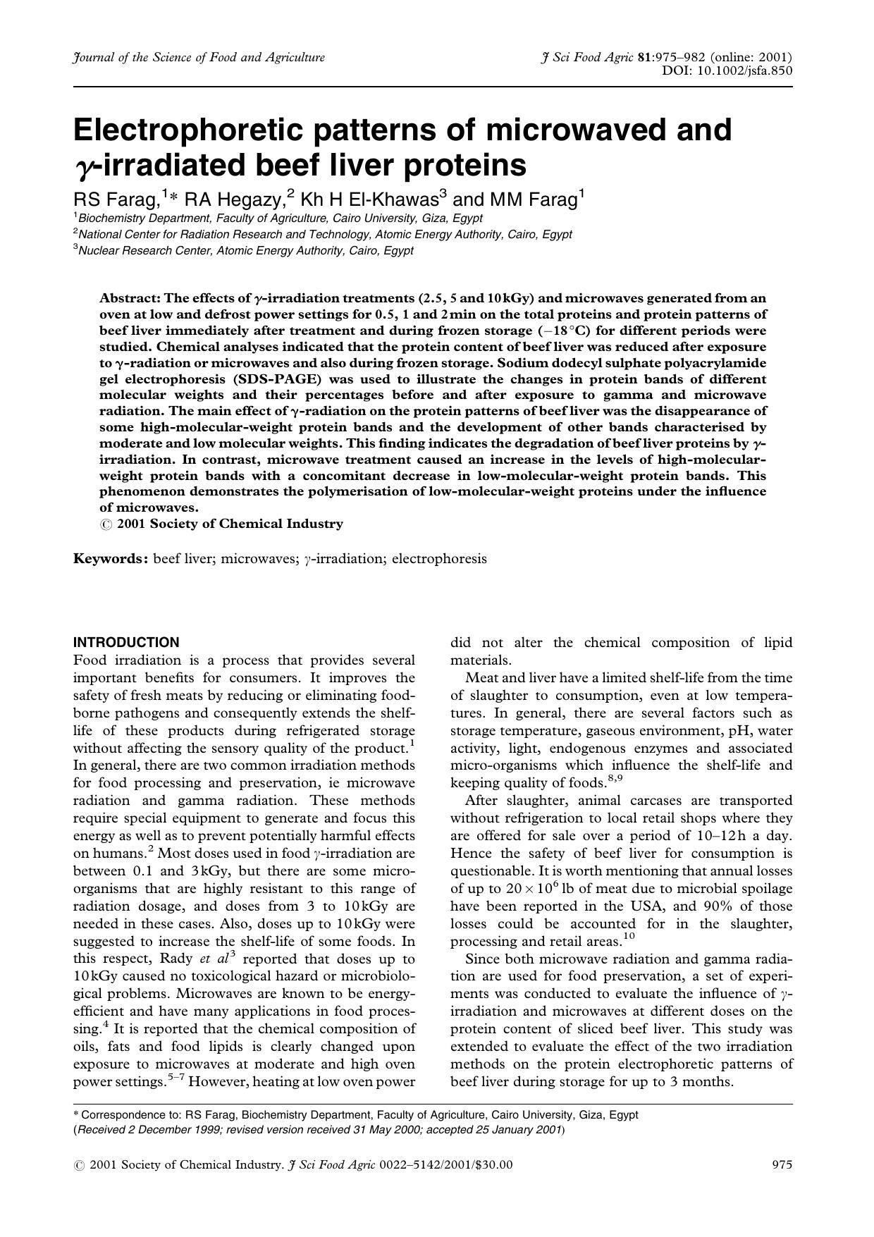 Electrophoretic patterns of microwaved and [gamma]-irradiated beef liver proteins by Unknown
