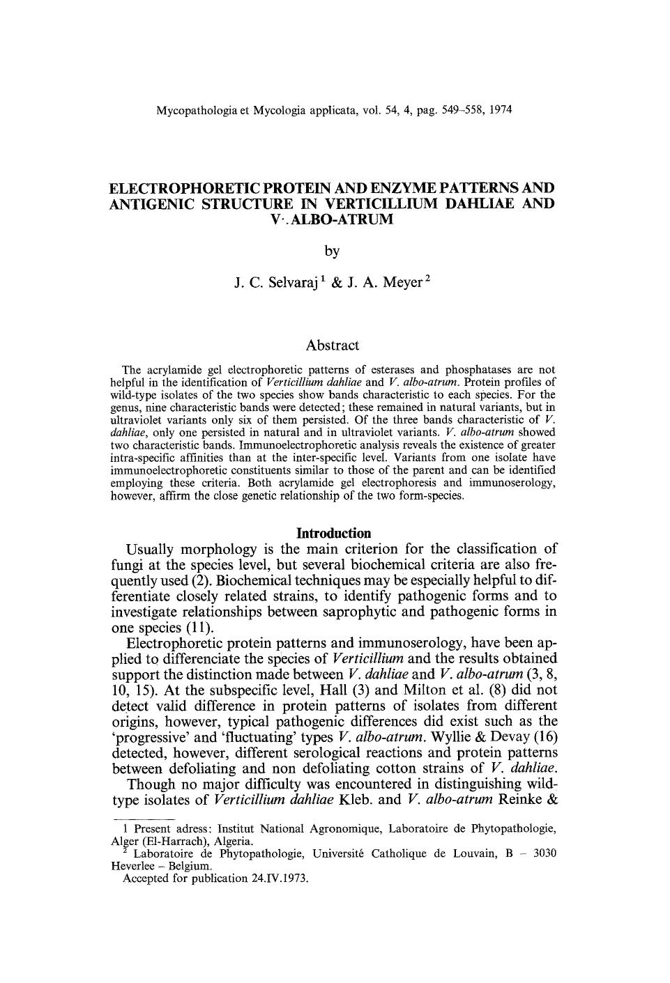 Electrophoretic protein and enzyme patterns and antigenic structure in Verticillium dahliae and V. albo-atrum by Unknown