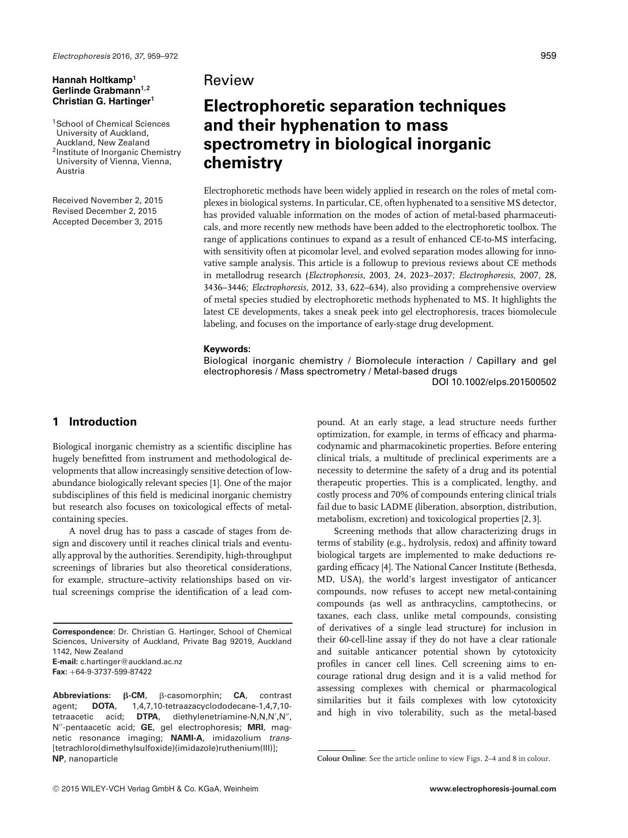 Electrophoretic separation techniques and their hyphenation to mass spectrometry in biological inorganic chemistry by Unknown
