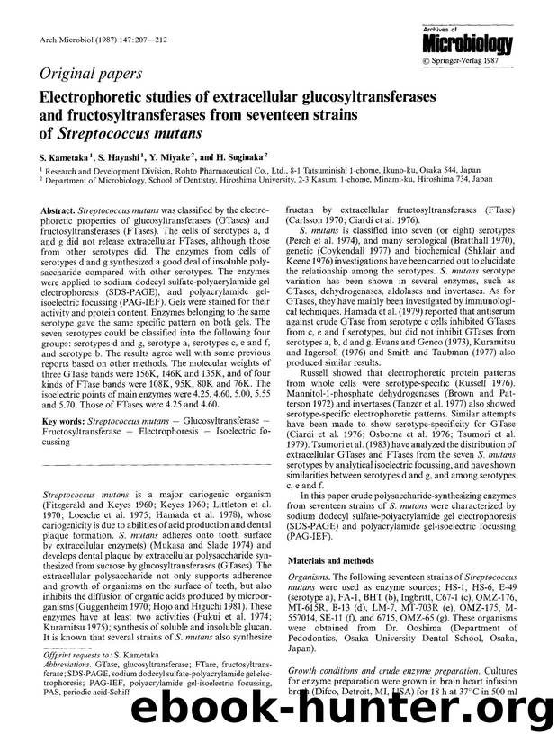 Electrophoretic studies of extracellular glucosyltransferases and fructosyltransferases from seventeen strains of <Emphasis Type="Italic">Streptococcus mutans<Emphasis> by Unknown