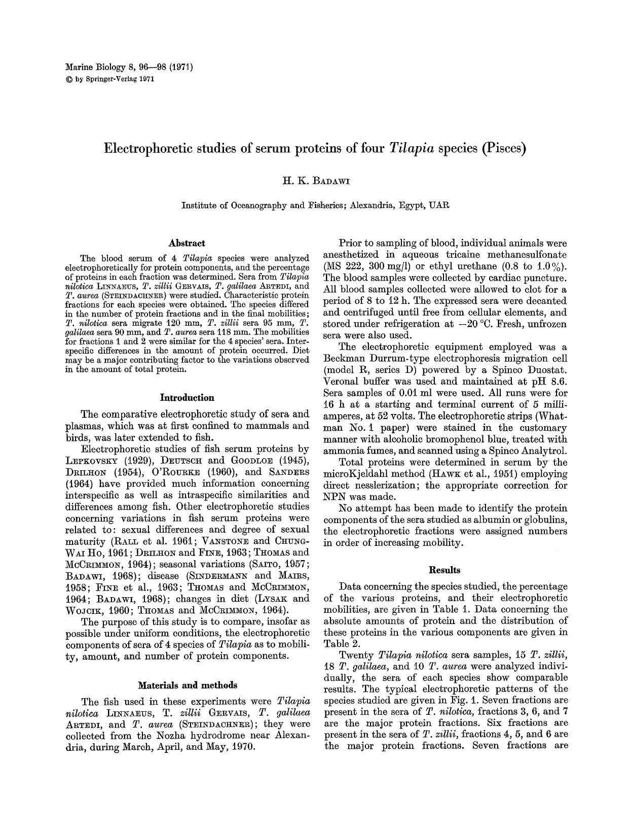 Electrophoretic studies of serum proteins of four <Emphasis Type="Italic">Tilapia<Emphasis> species (Pisces) by Unknown