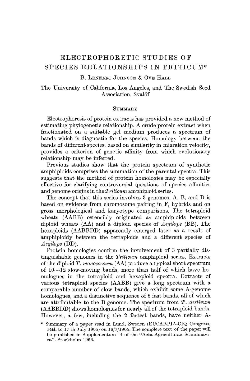 Electrophoretic studies of species relationships in triticum by Unknown