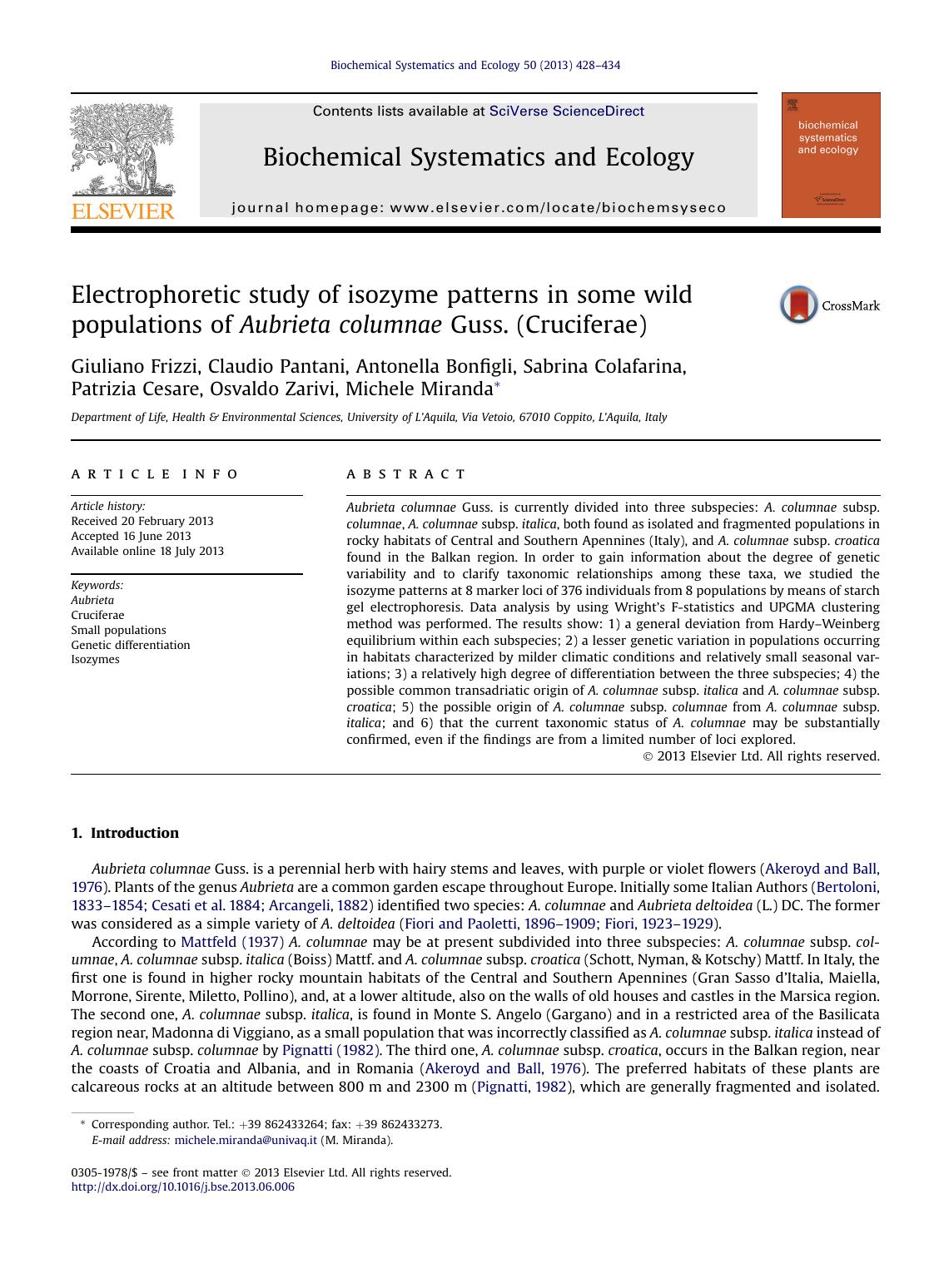 Electrophoretic study of isozyme patterns in some wild populations of Aubrieta columnae Guss. (Cruciferae) by unknow