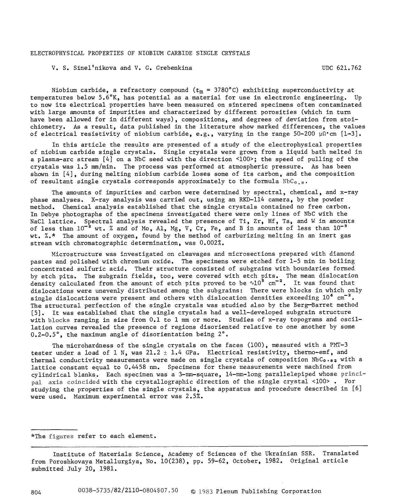 Electrophysical properties of niobium carbide single crystals by Unknown
