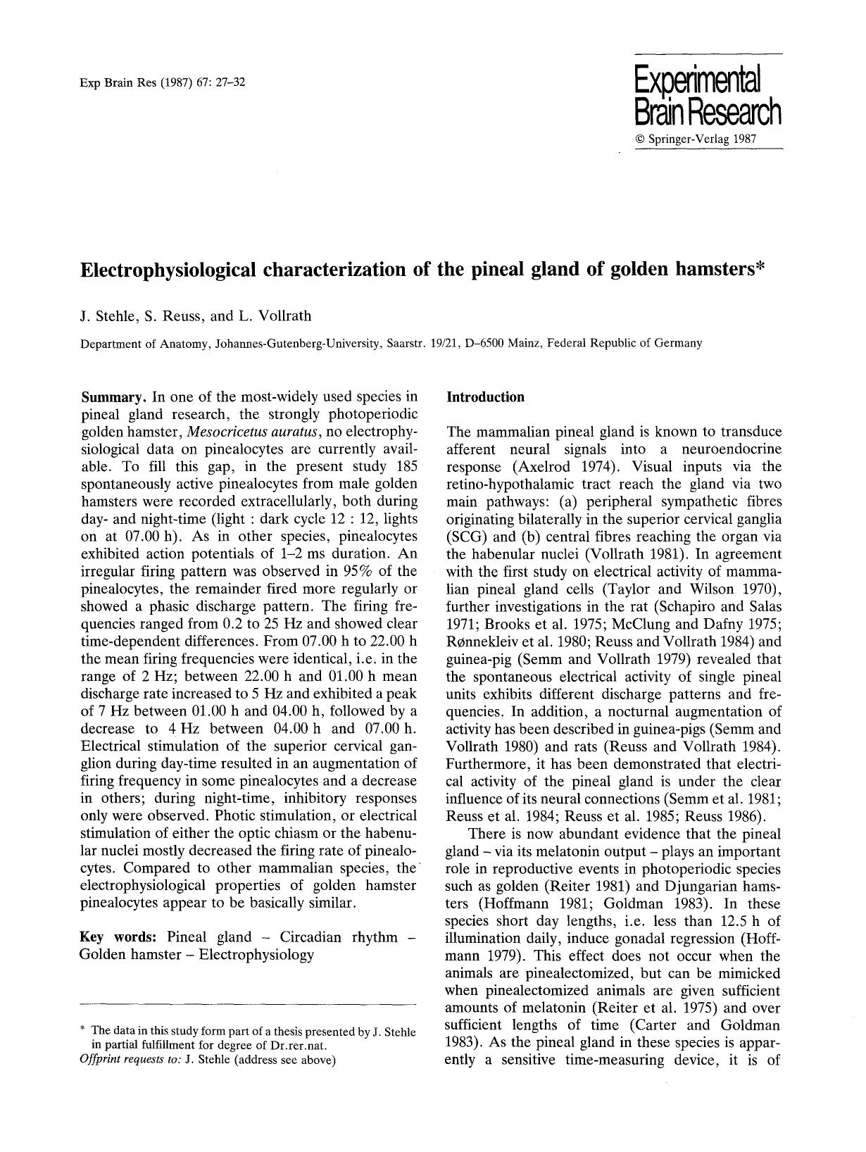 Electrophysiological characterization of the pineal gland of golden hamsters by Unknown