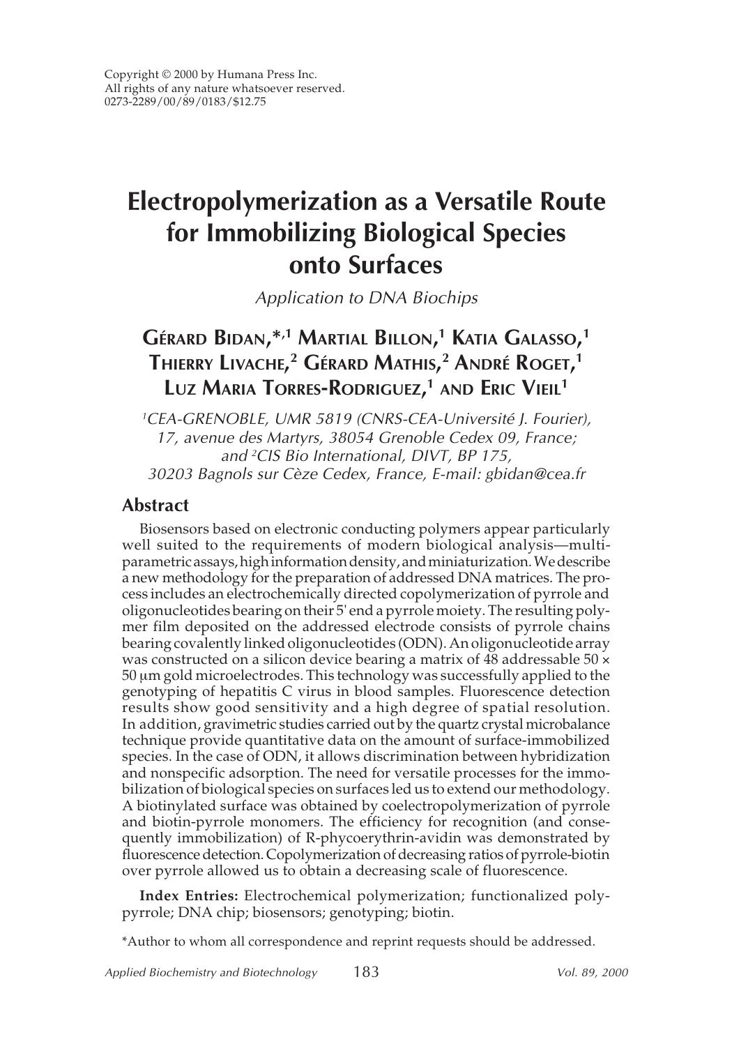 Electropolymerization as a versatile route for immobilizing biological species onto surfaces by Unknown