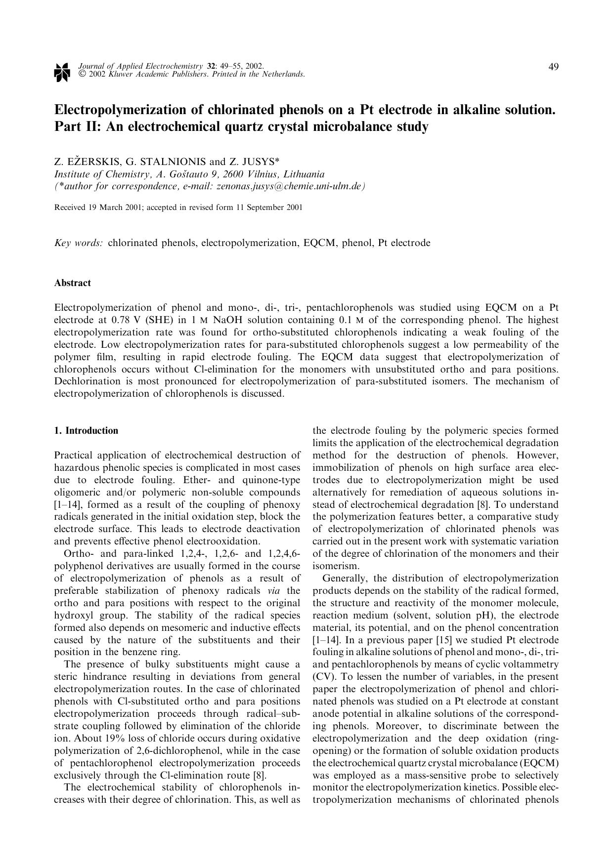 Electropolymerization of chlorinated phenols on a Pt electrode in alkaline solution. Part II: An electrochemical quartz crystal microbalance study by Unknown
