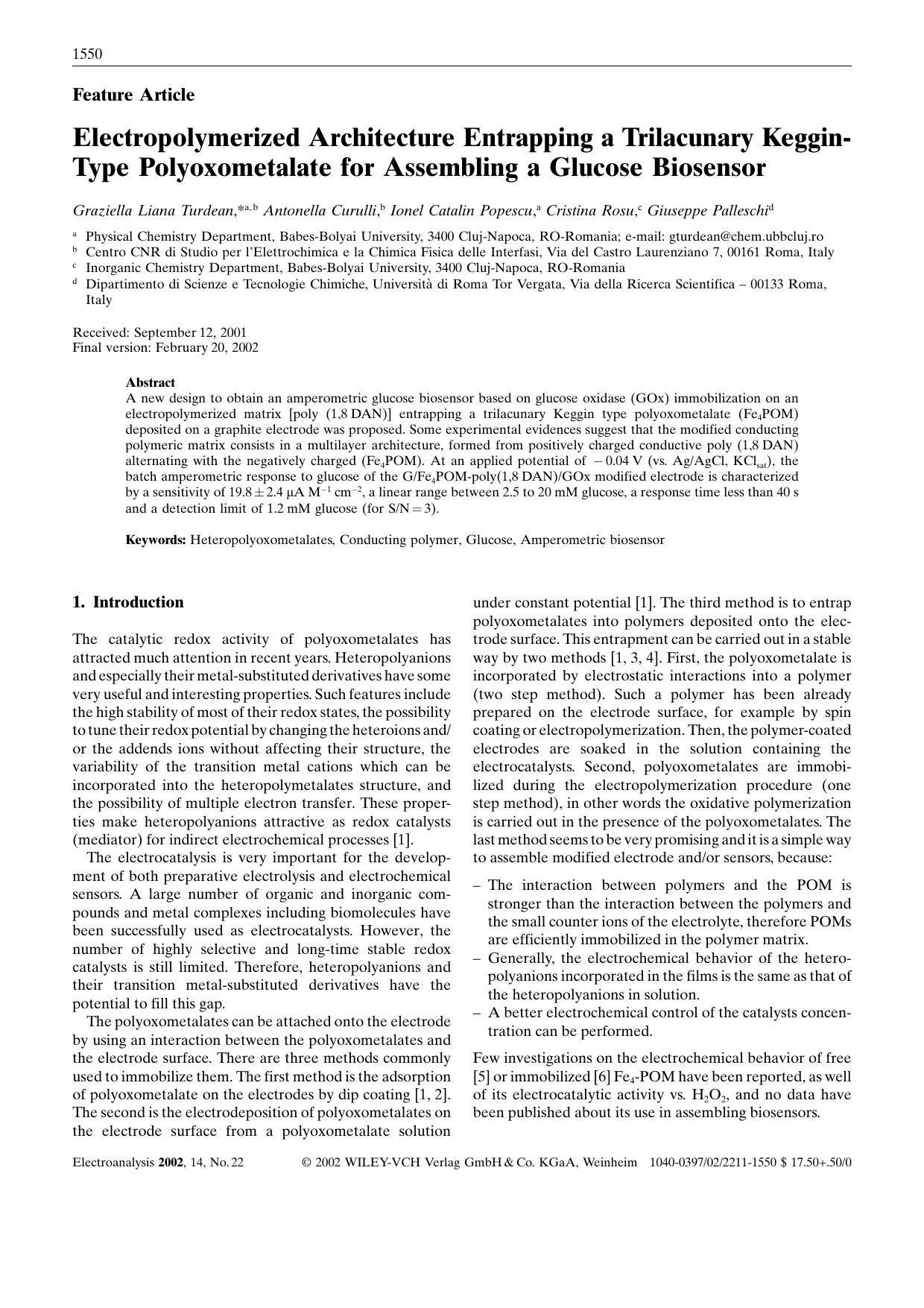 Electropolymerized Architecture Entrapping a Trilacunary Keggin-Type Polyoxometalate for Assembling a Glucose Biosensor by Unknown