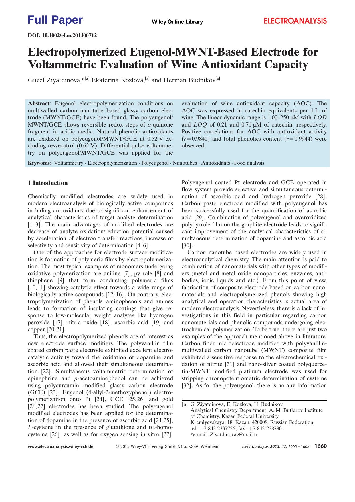 Electropolymerized EugenolMWNTBased Electrode for Voltammetric Evaluation of Wine Antioxidant Capacity by Unknown