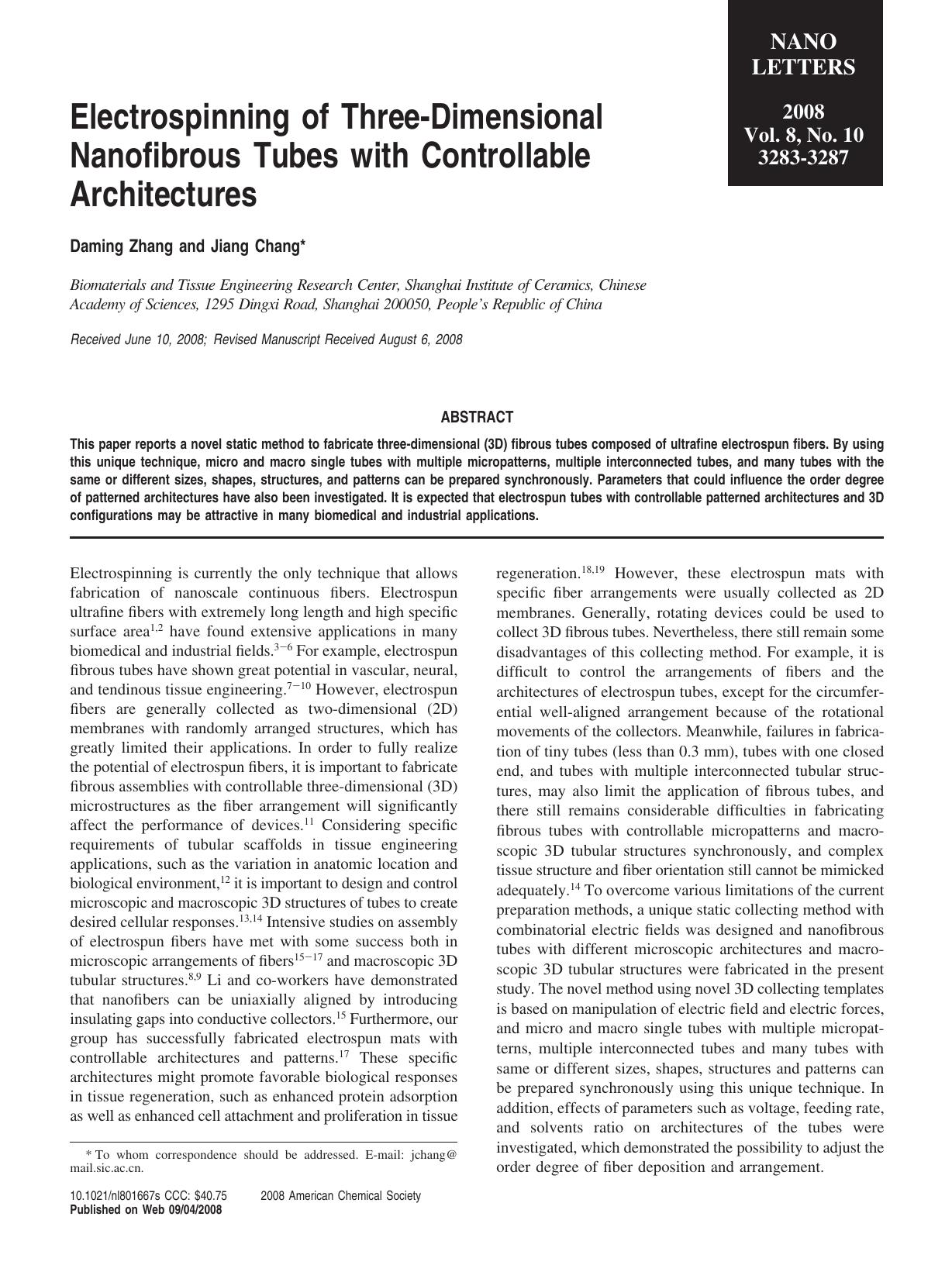 Electrospinning of Three-Dimensional Nanofibrous Tubes with Controllable Architectures by Unknown