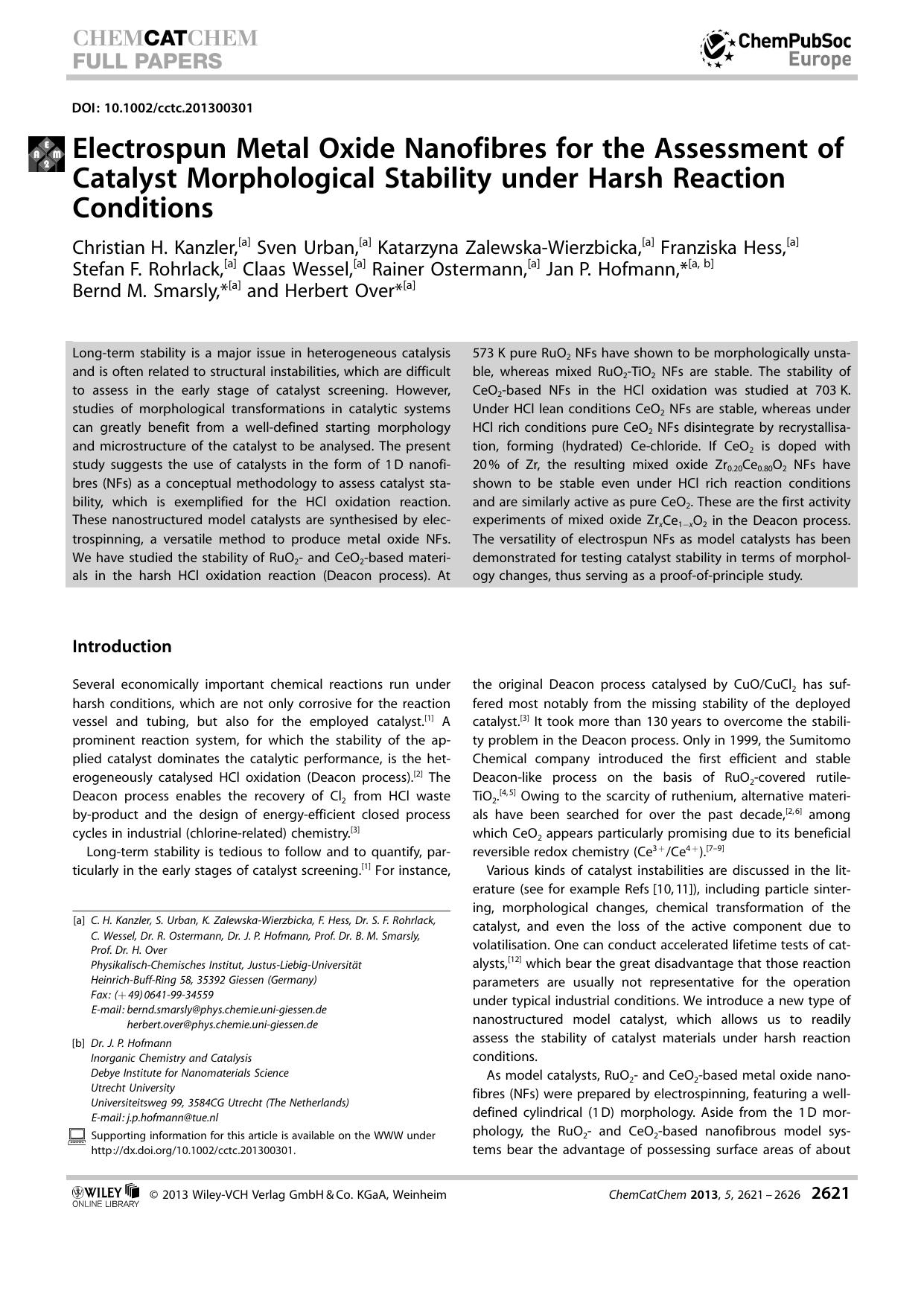 Electrospun Metal Oxide Nanofibres for the Assessment of Catalyst Morphological Stability under Harsh Reaction Conditions by Unknown