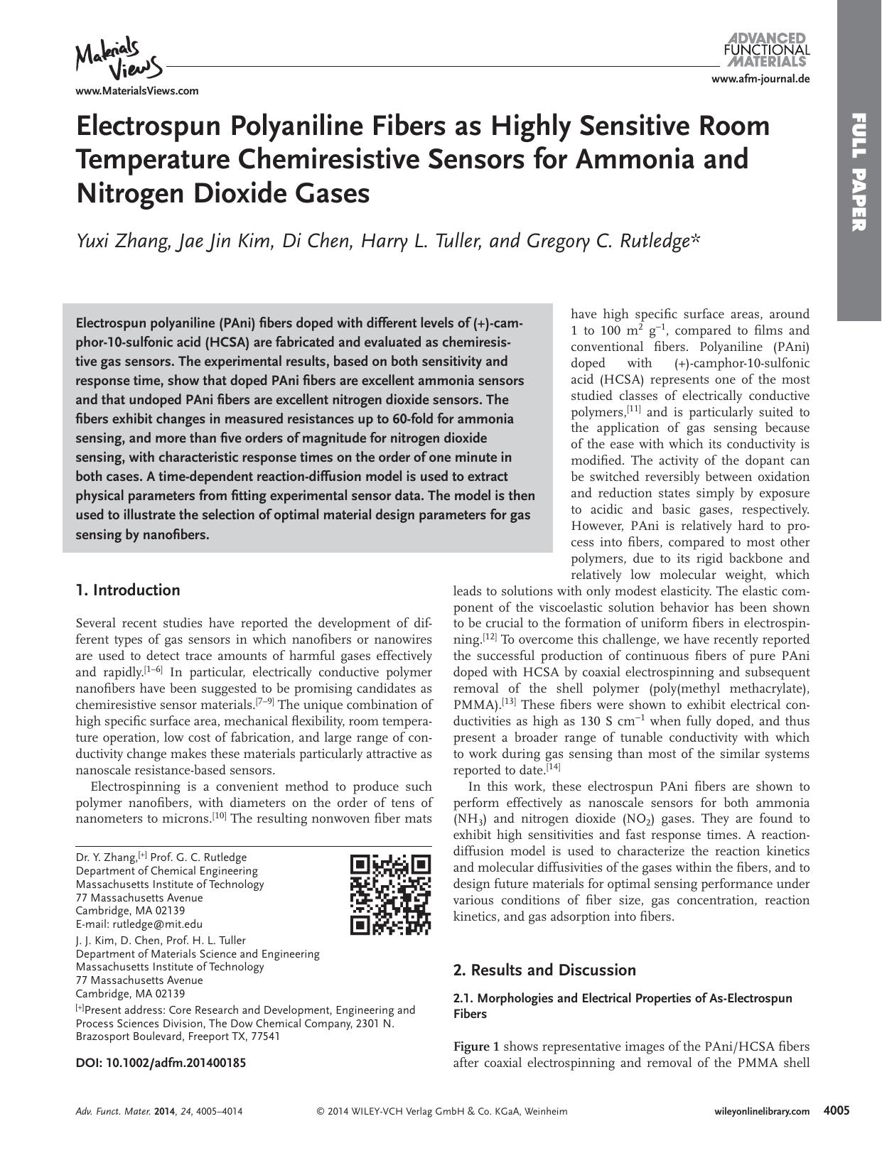 Electrospun Polyaniline Fibers as Highly Sensitive Room Temperature Chemiresistive Sensors for Ammonia and Nitrogen Dioxide Gases by processteam