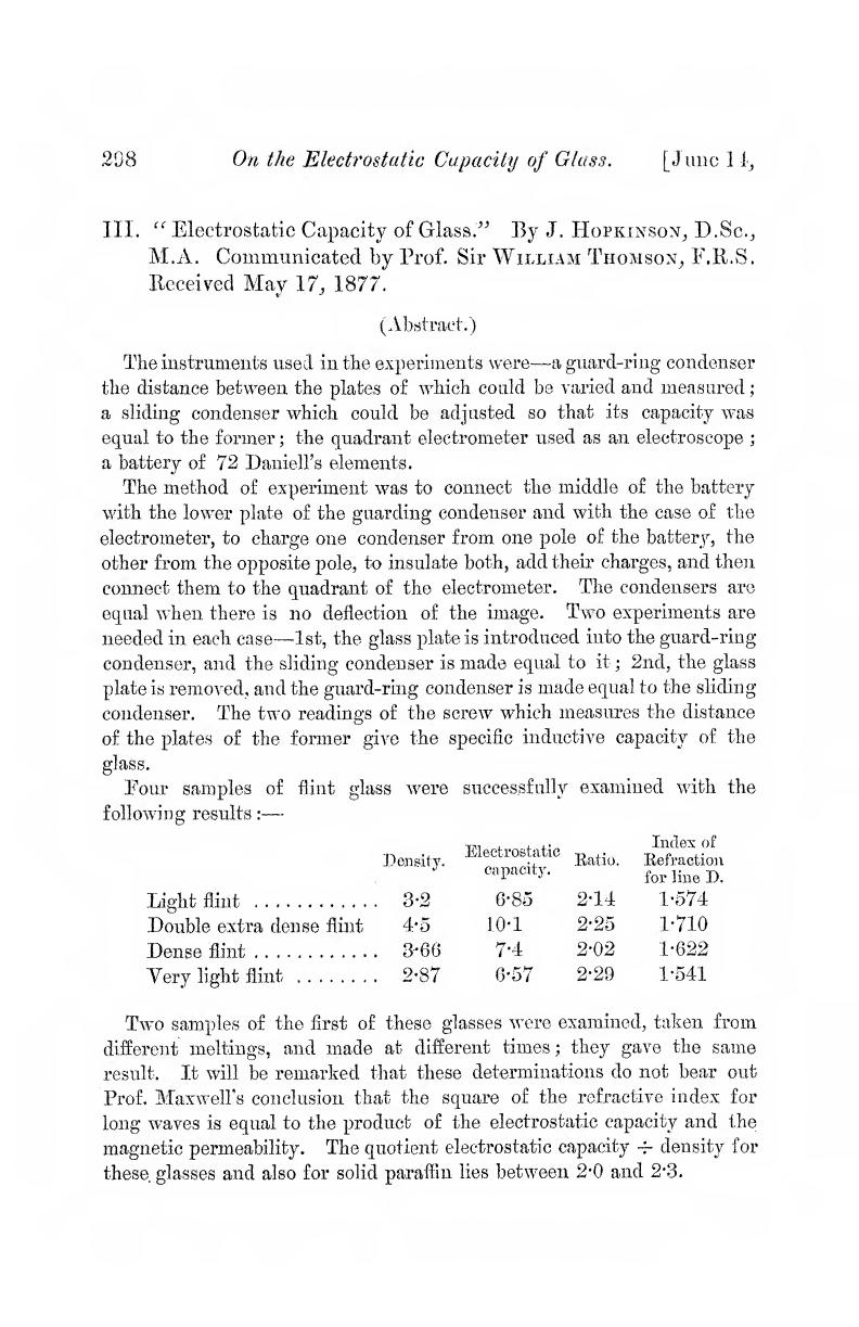 Electrostatic Capacity of Glass. by Hopkinson J