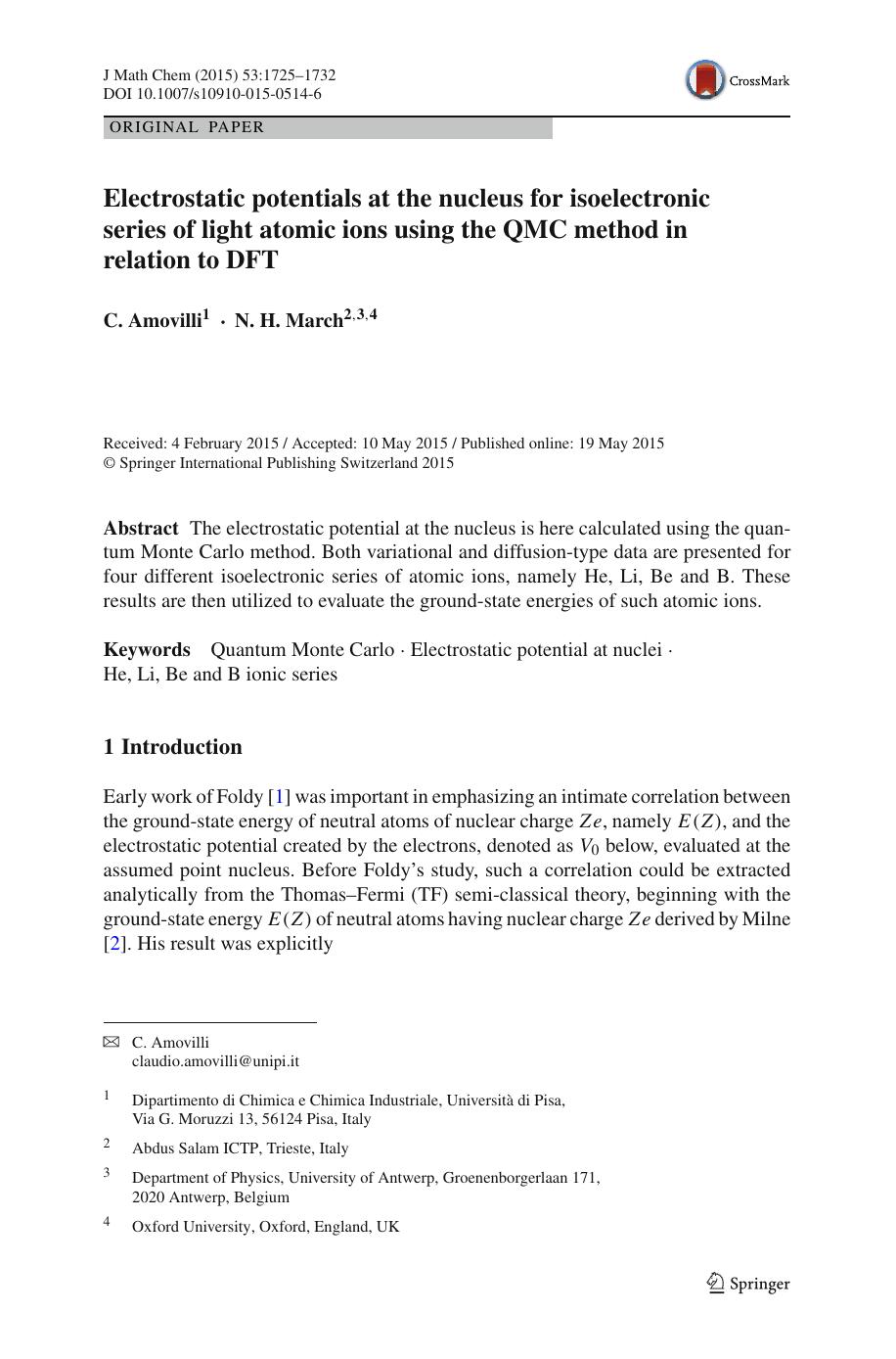 Electrostatic potentials at the nucleus for isoelectronic series of light atomic ions using the QMC method in relation to DFT by C. Amovilli & N. H. March