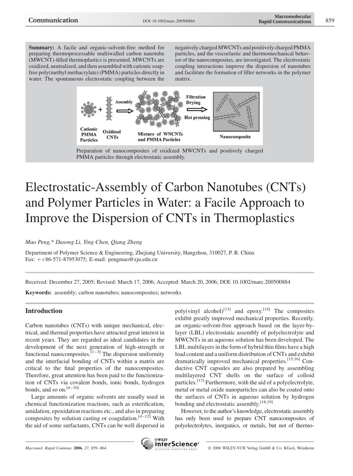 Electrostatic-Assembly of Carbon Nanotubes (CNTs) and Polymer Particles in Water: a Facile Approach to Improve the Dispersion of CNTs in Thermoplastics by Unknown