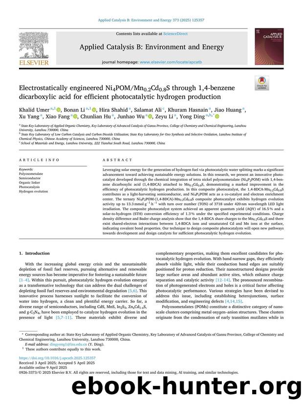 Electrostatically engineered Ni4POMMn0.2Cd0.8S through 1,4-benzene dicarboxylic acid for efficient photocatalytic hydrogen production by unknow