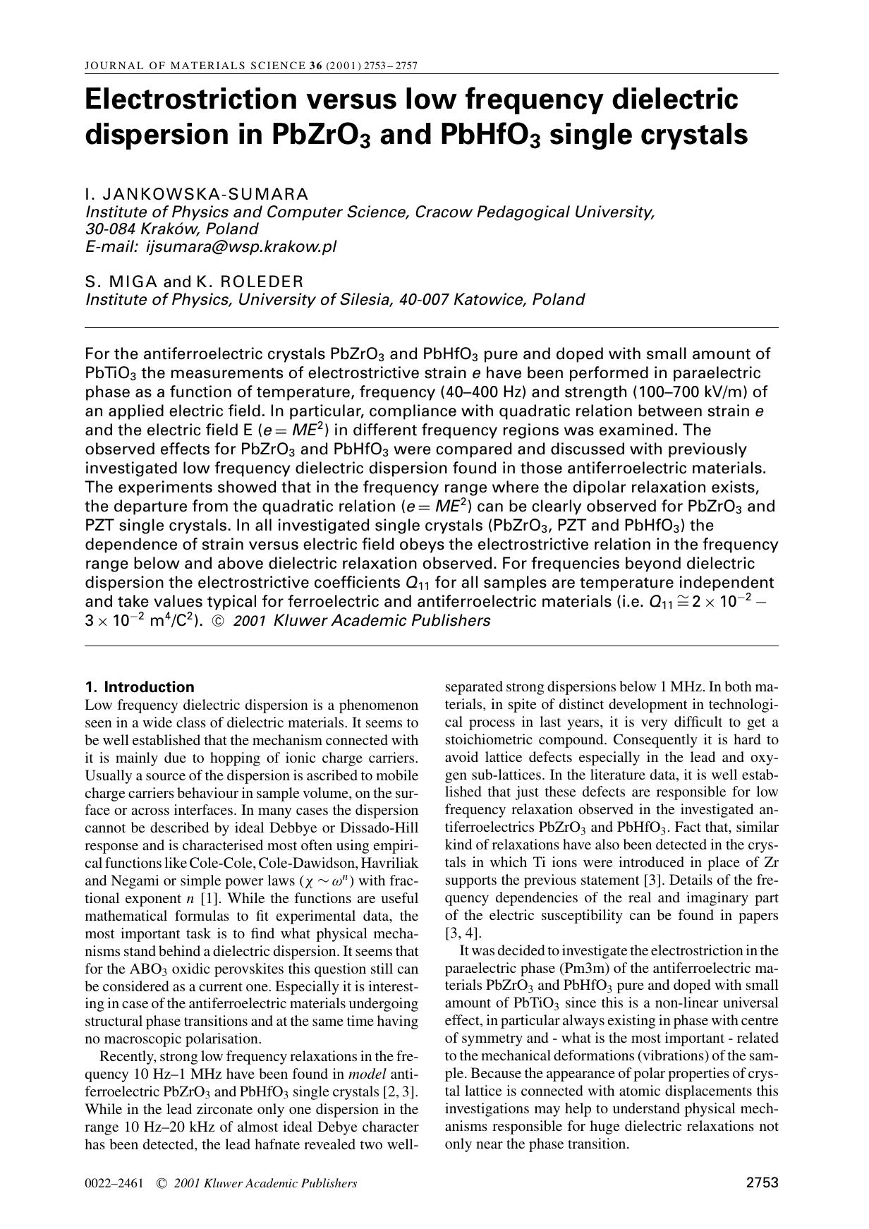 Electrostriction versus low frequency dielectric dispersion in PbZrO3 and PbHfO3 single crystals by Unknown