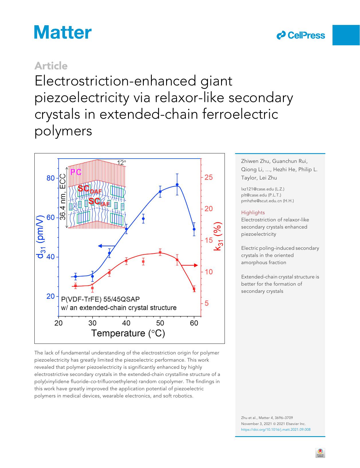 Electrostriction-enhanced giant piezoelectricity via relaxor-like secondary crystals in extended-chain ferroelectric polymers by unknow