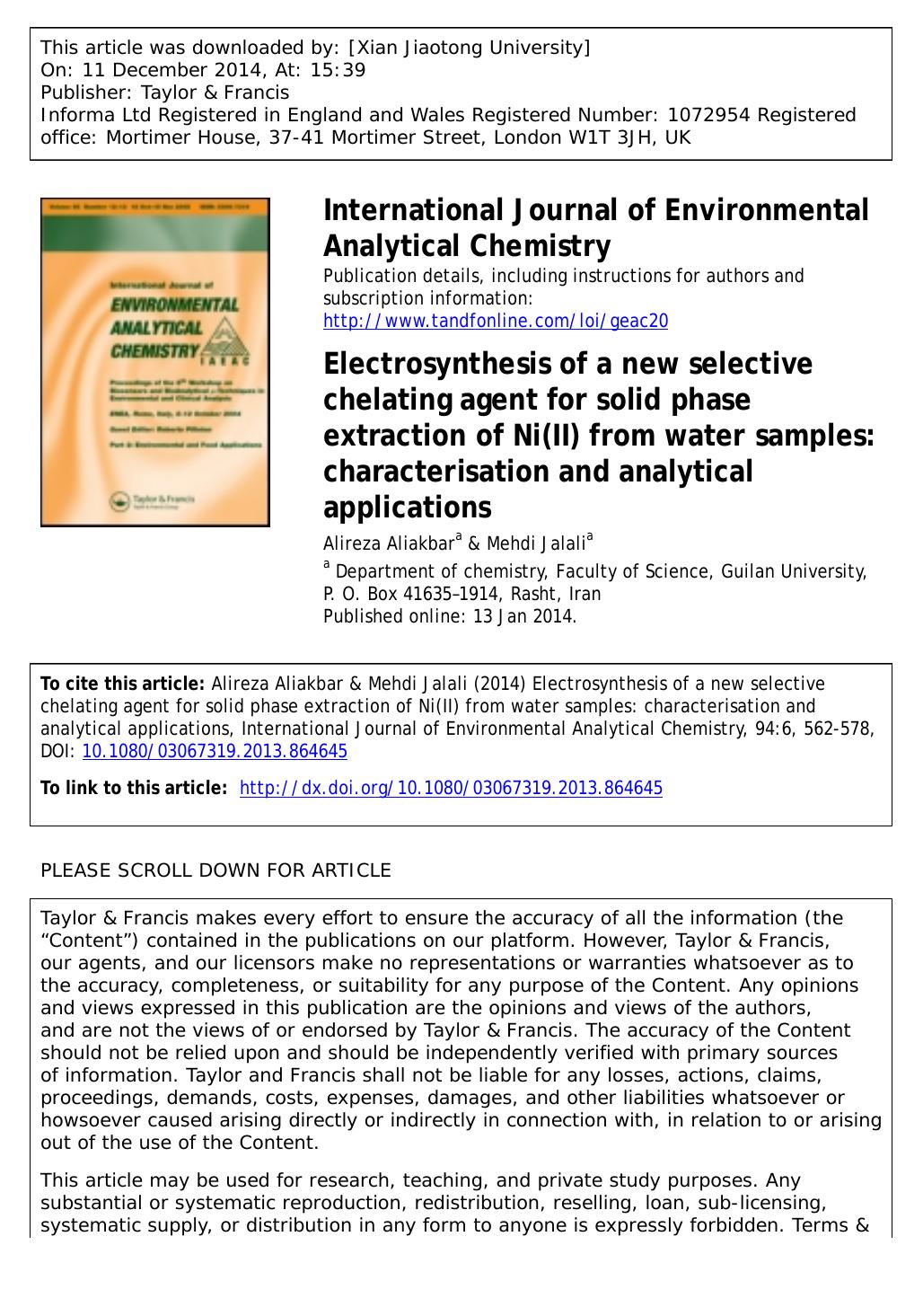 Electrosynthesis of a new selective chelating agent for solid phase extraction of Ni(II) from water samples: characterisation and analytical applications by Alireza Aliakbar