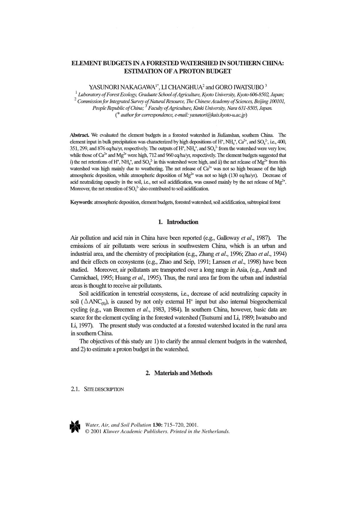 Element Budgets in a Forested Watershed in Southern China: Estimation of a Proton Budget by Unknown