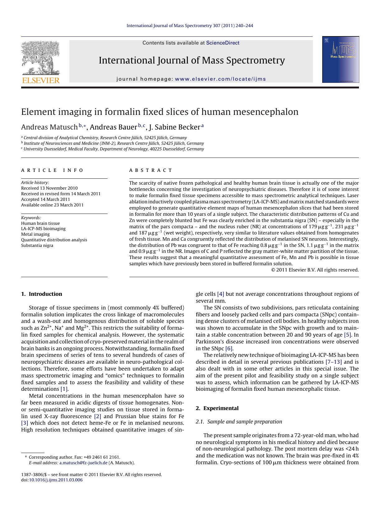 Element imaging in formalin fixed slices of human mesencephalon by Andreas Matusch