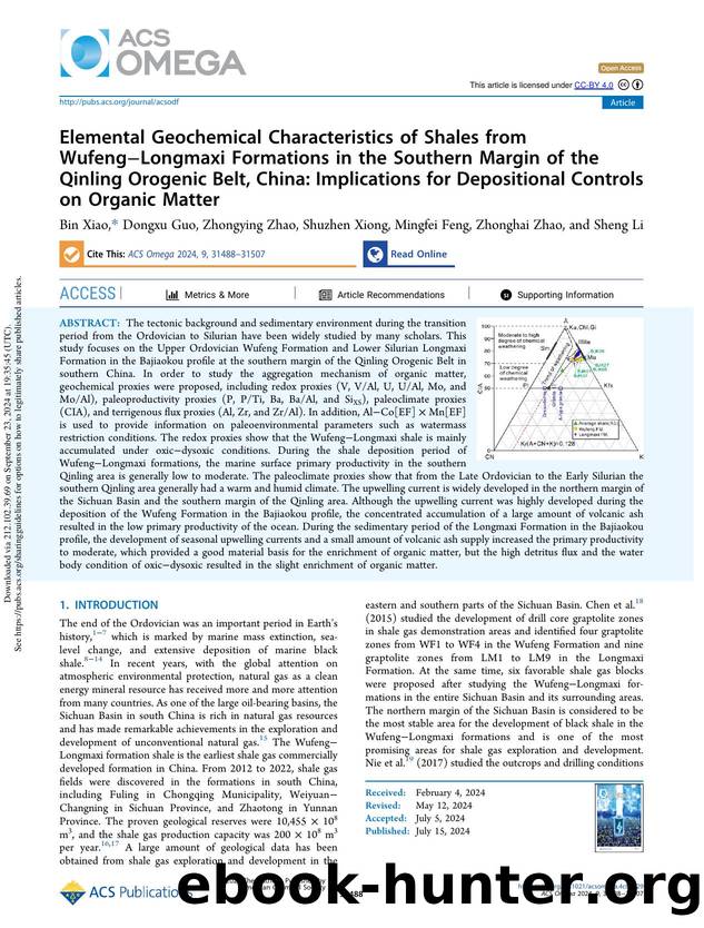 Elemental Geochemical Characteristics of Shales from WufengâLongmaxi Formations in the Southern Margin of the Qinling Orogenic Belt, China: Implications for Depositional Controls on Organic Matter by Bin Xiao Dongxu Guo Zhongying Zhao Shuzhen Xiong Mingfei Feng Zhonghai Zhao & Sheng Li
