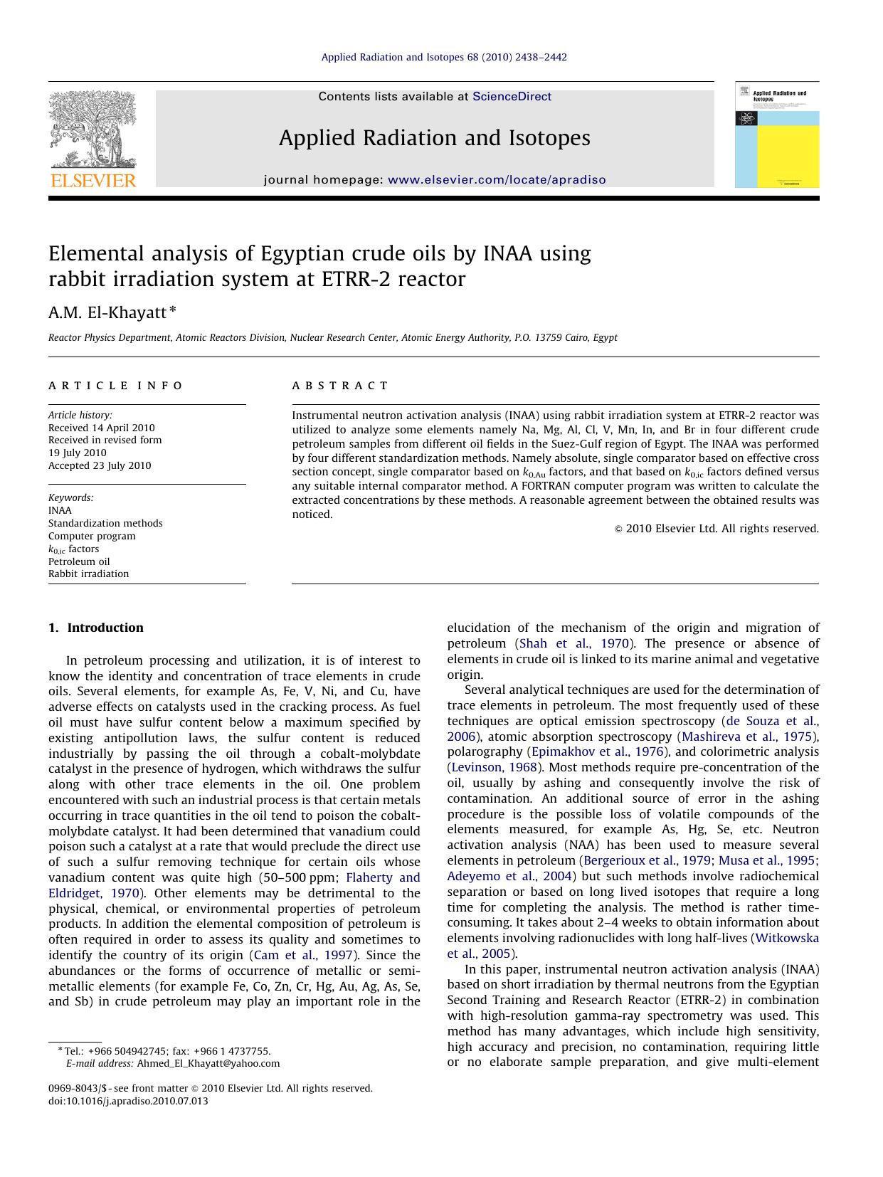 Elemental analysis of Egyptian crude oils by INAA using rabbit irradiation system at ETRR-2 reactor by A.M. El-Khayatt