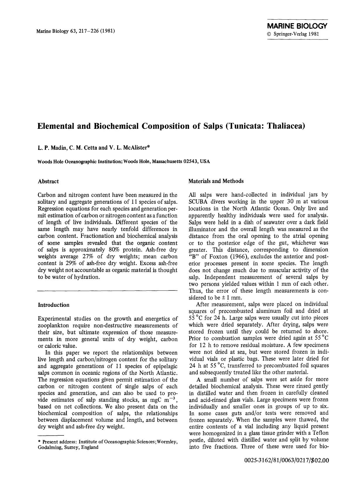 Elemental and biochemical composition of salps (Tunicata: Thaliacea) by Unknown