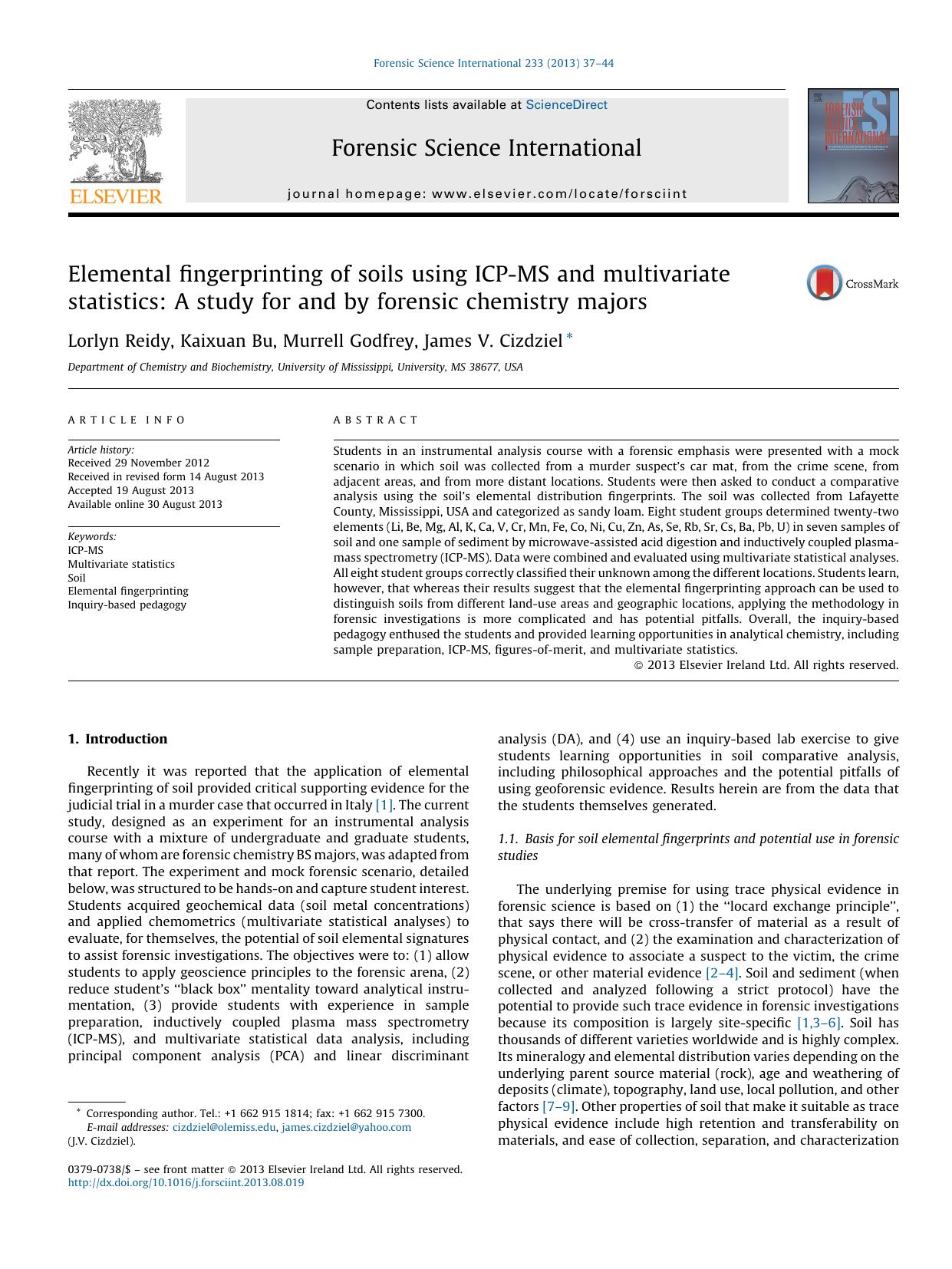 Elemental fingerprinting of soils using ICP-MS and multivariate statistics: A study for and by forensic chemistry majors by Lorlyn Reidy & Kaixuan Bu & Murrell Godfrey & James V. Cizdziel