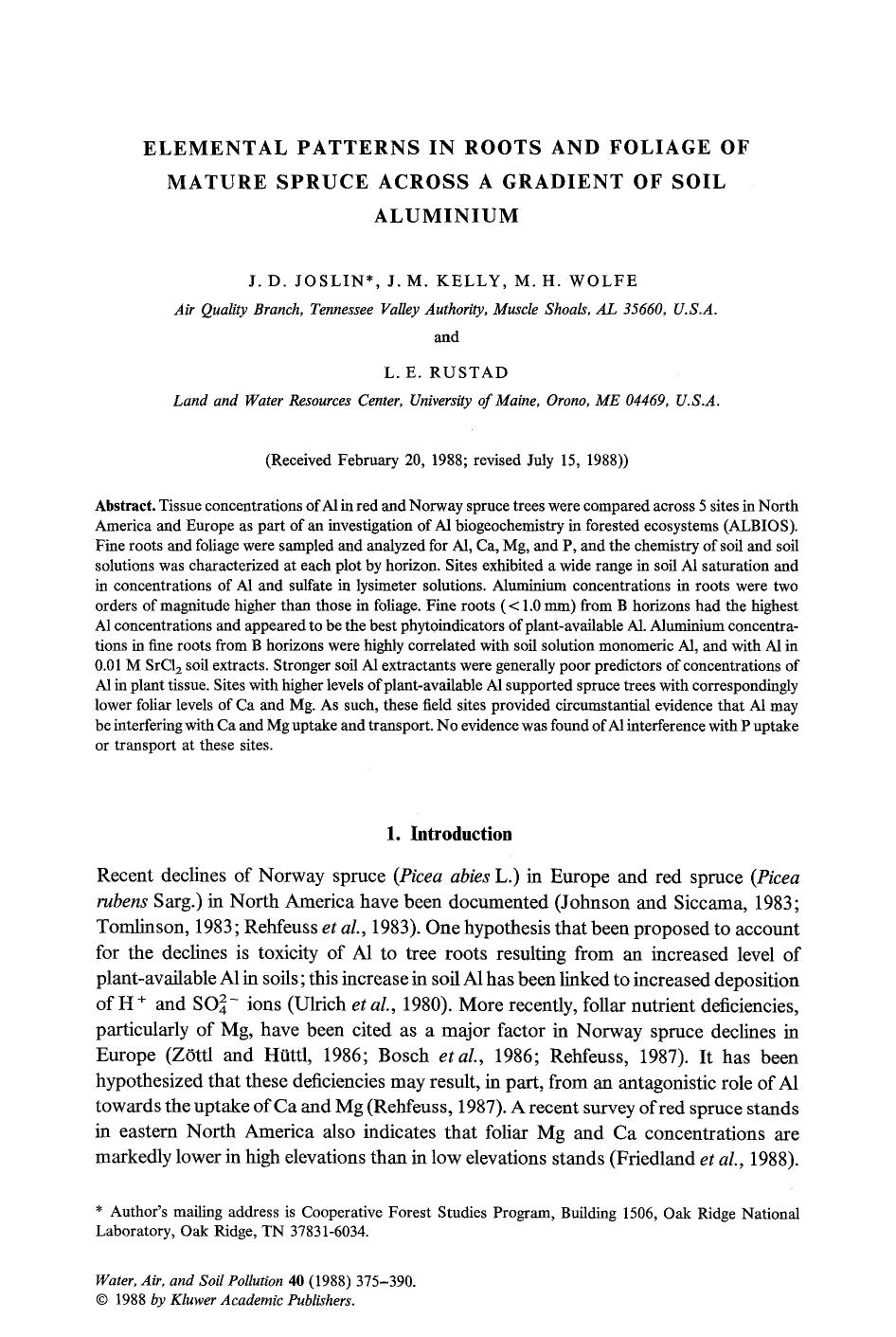 Elemental patterns in roots and foliage of mature spruce across a gradient of soil aluminium by Unknown