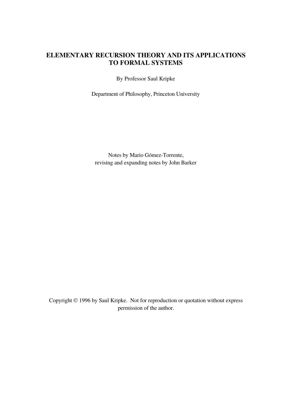 Elementary Recursion Theory and its Applications to Formal Systems-Kripke by Unknown
