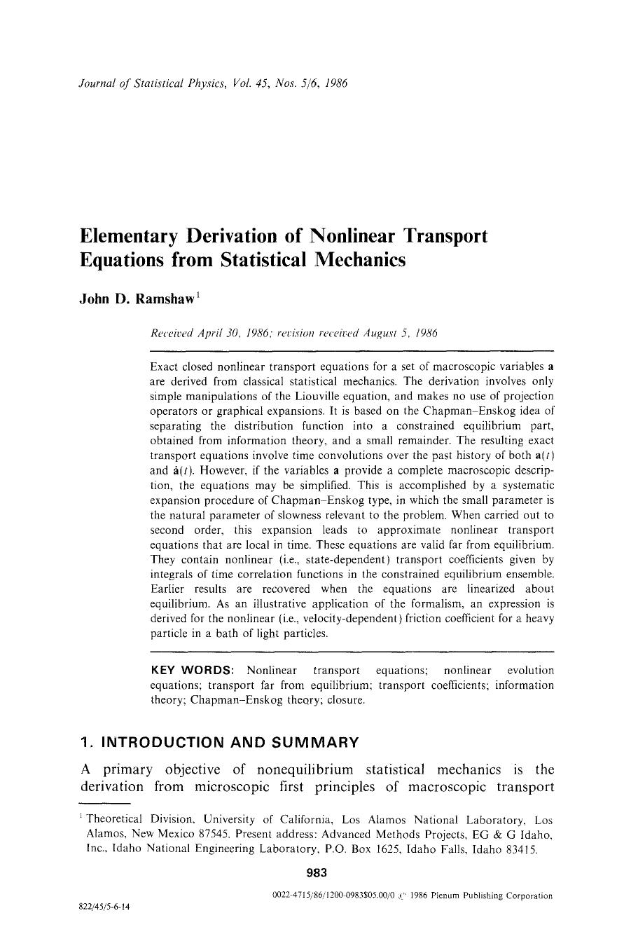 Elementary derivation of nonlinear transport equations from statistical mechanics by Unknown