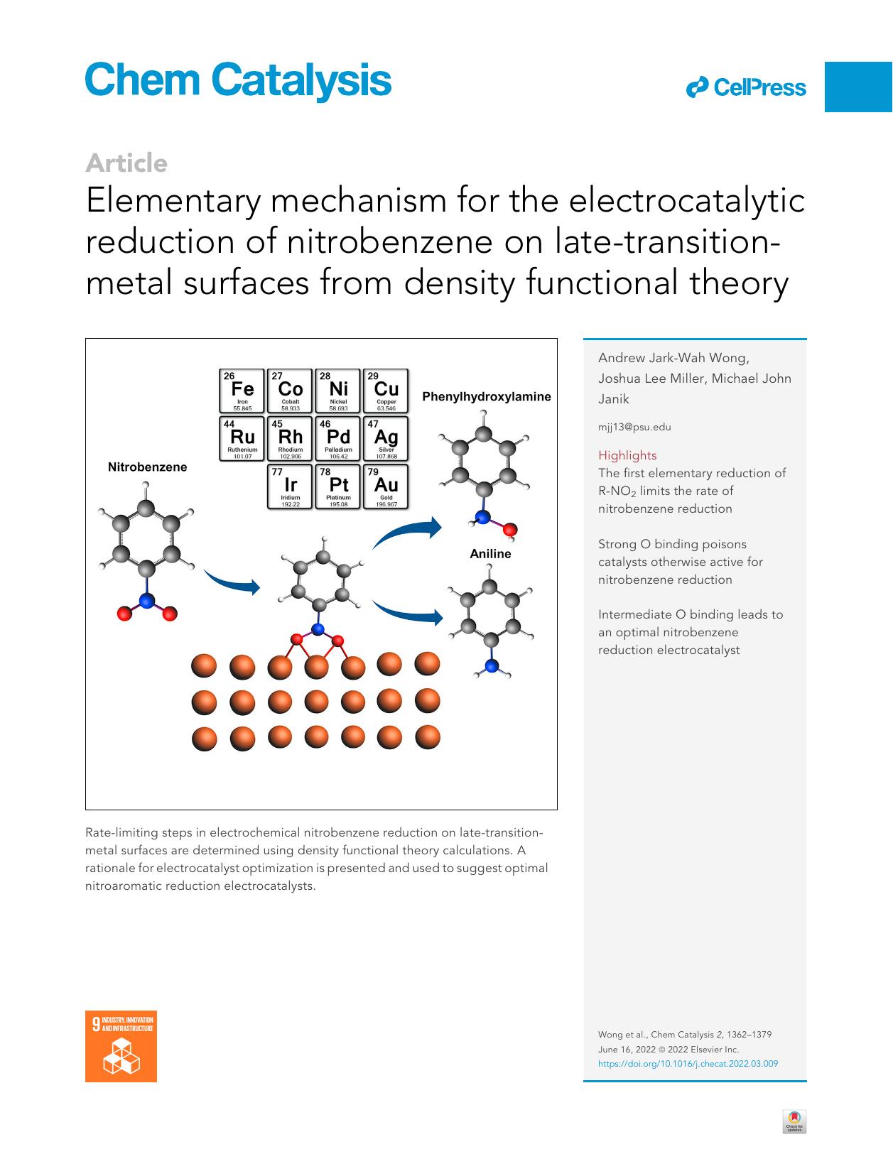 Elementary mechanism for the electrocatalytic reduction of nitrobenzene on late-transition-metal surfaces from density functional theory by Andrew Jark-Wah Wong & Joshua Lee Miller & Michael John Janik