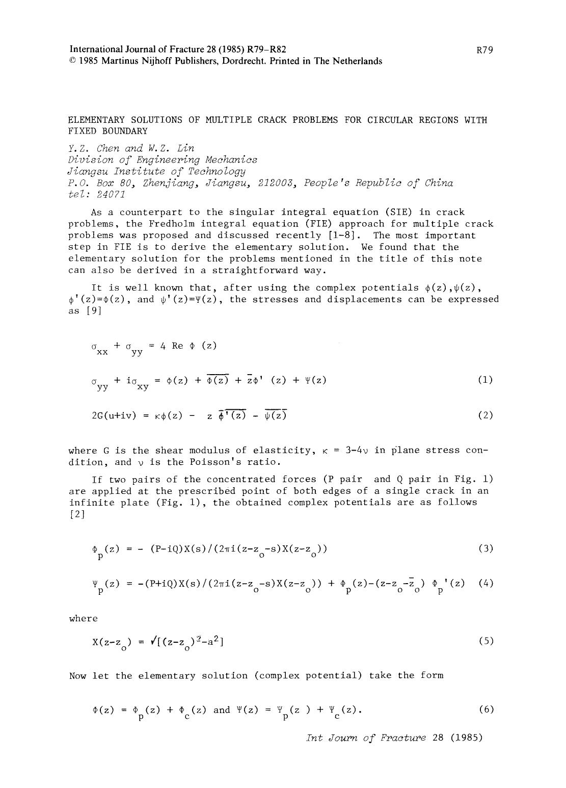 Elementary solutions of multiple crack problems for circular regions with fixed boundary by Unknown