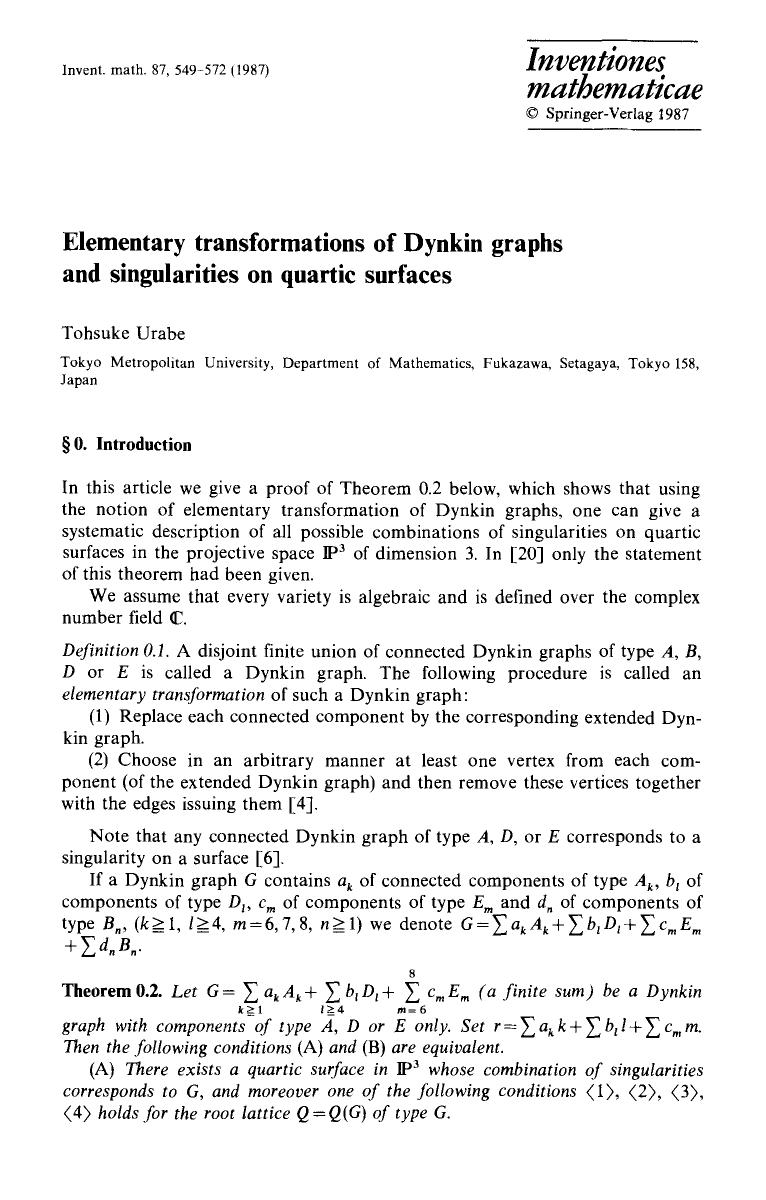 Elementary transformations of Dynkin graphs and singularities on quartic surfaces by Unknown