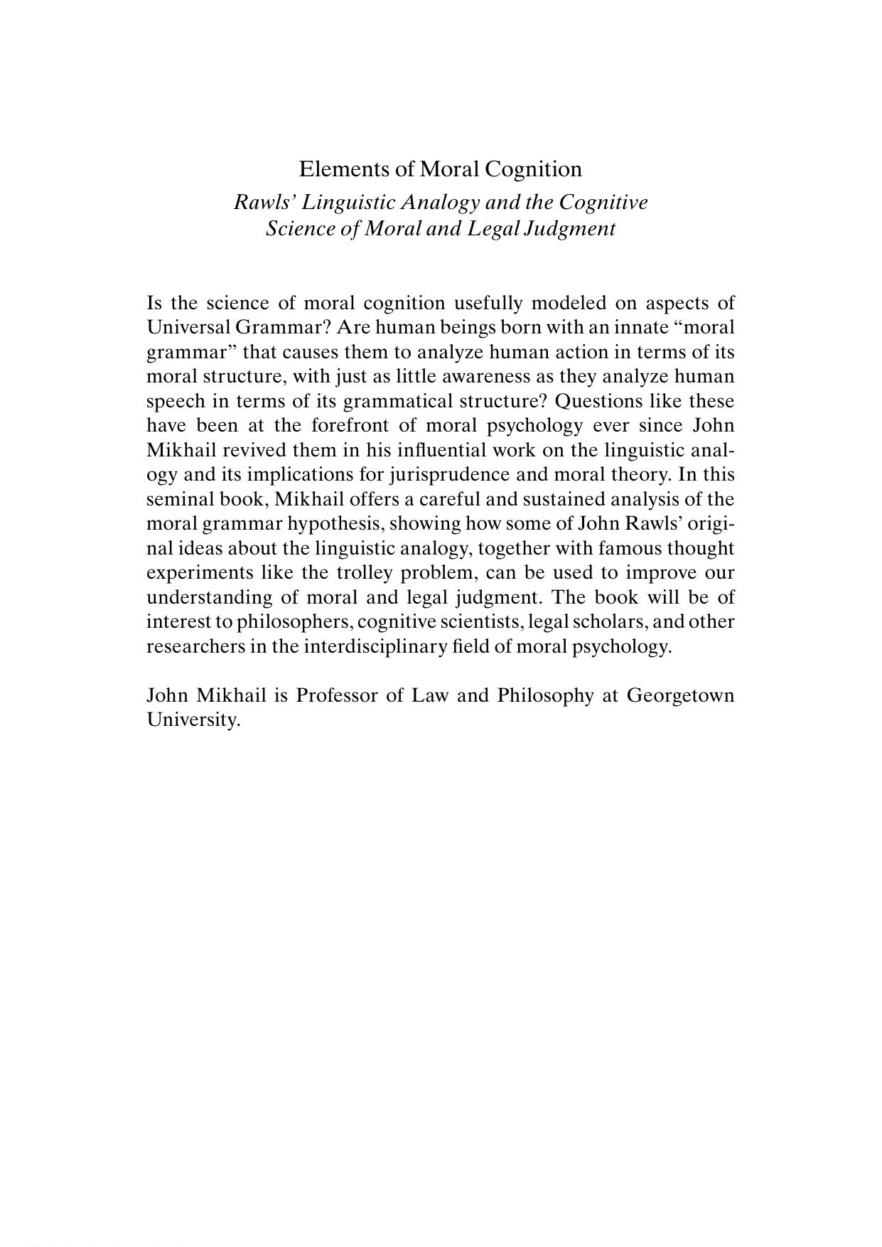 Elements of Moral Cognition by John Mikhail