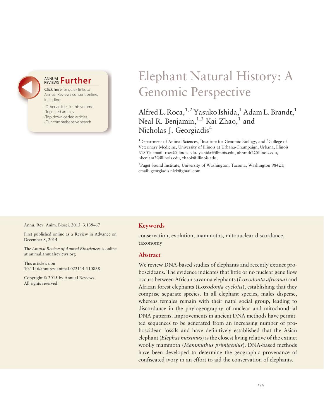 Elephant Natural History: A Genomic Perspective by Alfred L. Roca Yasuko Ishida Adam L. Brandt Neal R. Benjamin Kai Zhao Nicholas J. Georgiadis