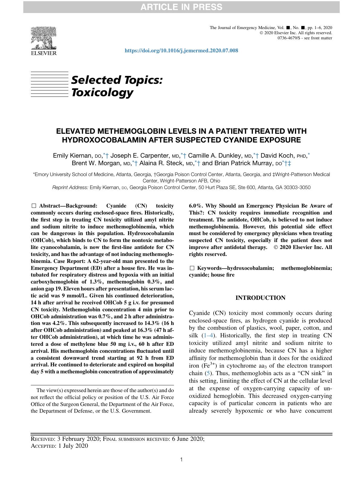 Elevated Methemoglobin Levels in a Patient Treated with Hydroxocobalamin After Suspected Cyanide Exposure by unknow