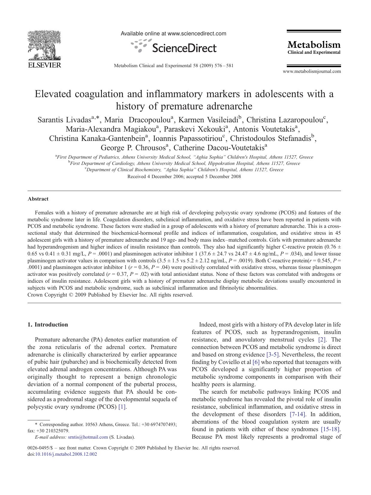 Elevated coagulation and inflammatory markers in adolescents with a history of premature adrenarche by unknow