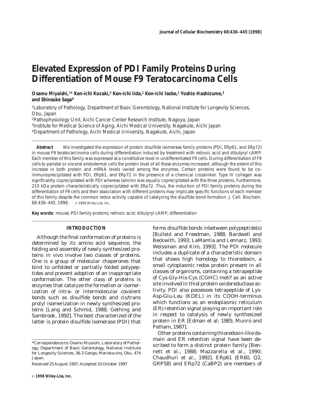 Elevated expression of PDI family proteins during differentiation of mouse F9 teratocarcinoma cells by Unknown