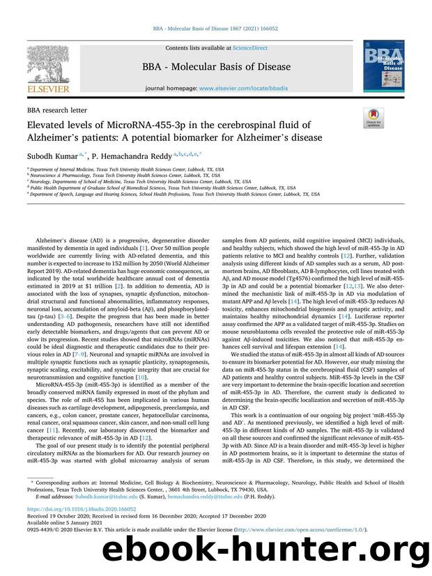 Elevated levels of MicroRNA-455-3p in the cerebrospinal fluid of Alzheimer's patients: A potential biomarker for Alzheimer's disease by Subodh Kumar & P. Hemachandra Reddy