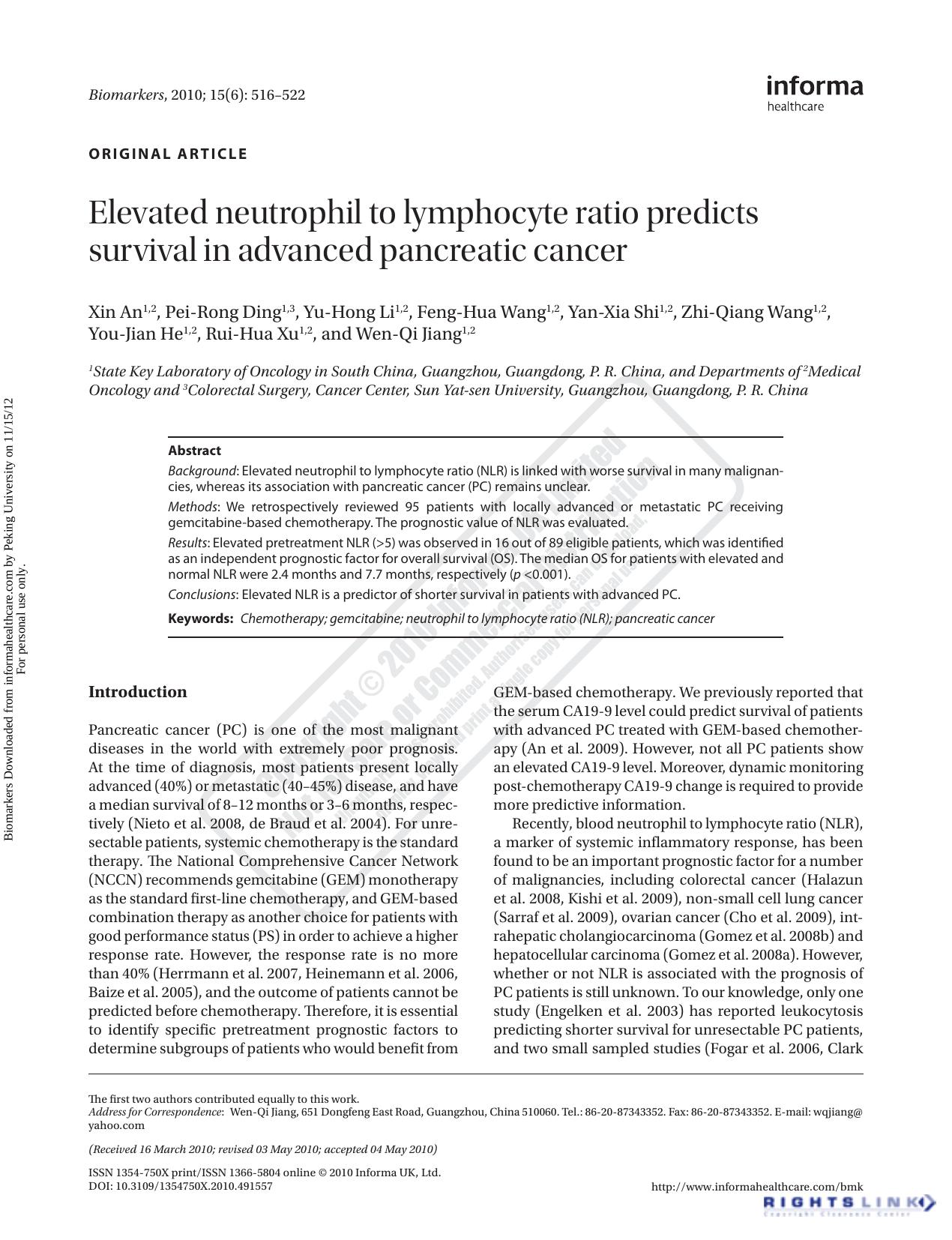 Elevated neutrophil to lymphocyte ratio predicts survival in advanced pancreatic cancer by unknow