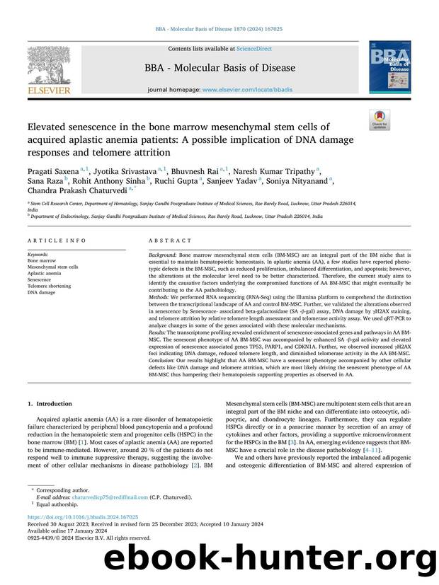 Elevated senescence in the bone marrow mesenchymal stem cells of acquired aplastic anemia patients: A possible implication of DNA damage responses and telomere attrition by unknow