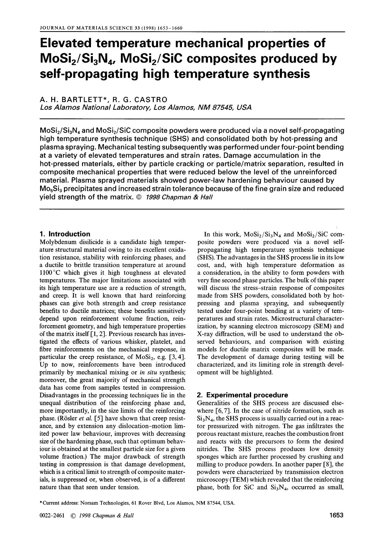 Elevated temperature mechanical properties of MoSi2Si3N4, MoSi2SiC composites produced by self-propagating high temperature synthesis by Unknown