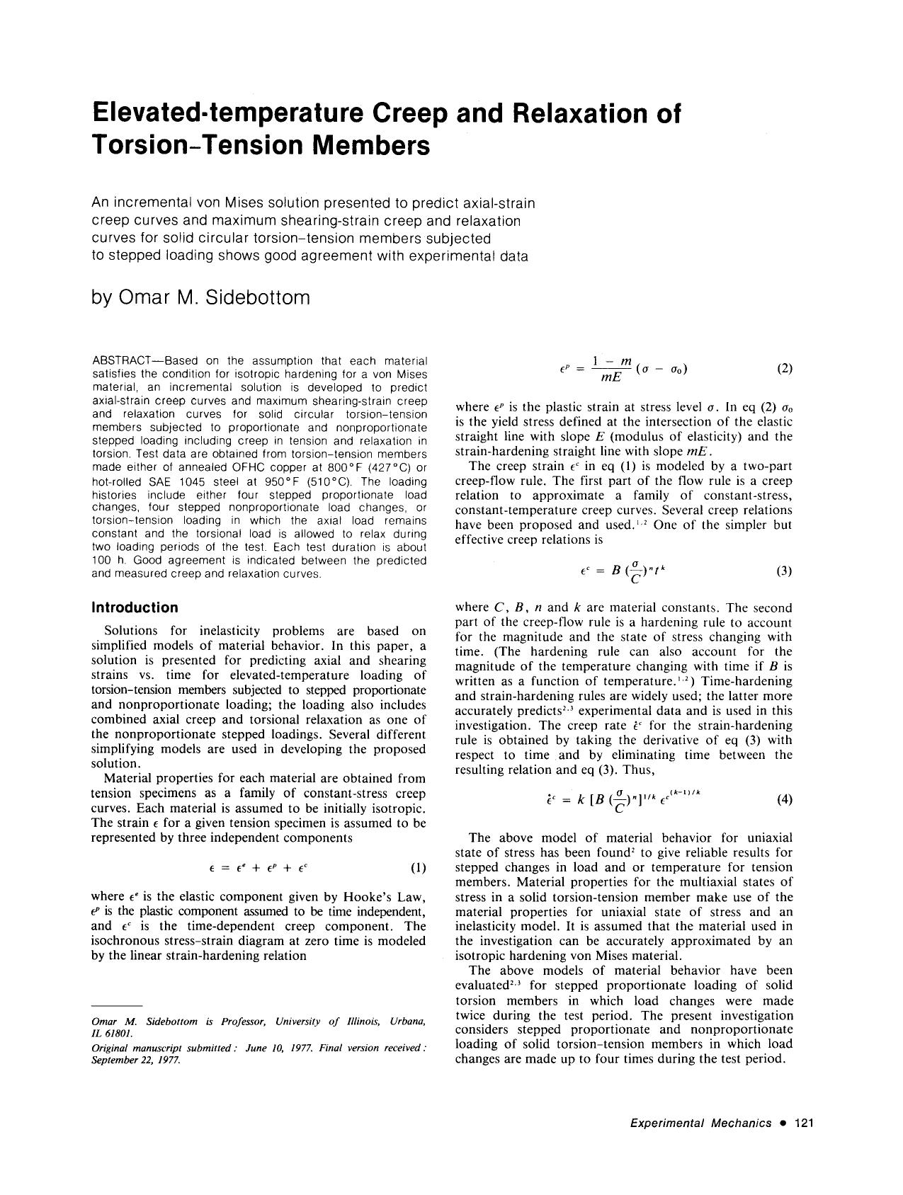 Elevated-temperature creep and relaxation of torsion-tension members by Unknown