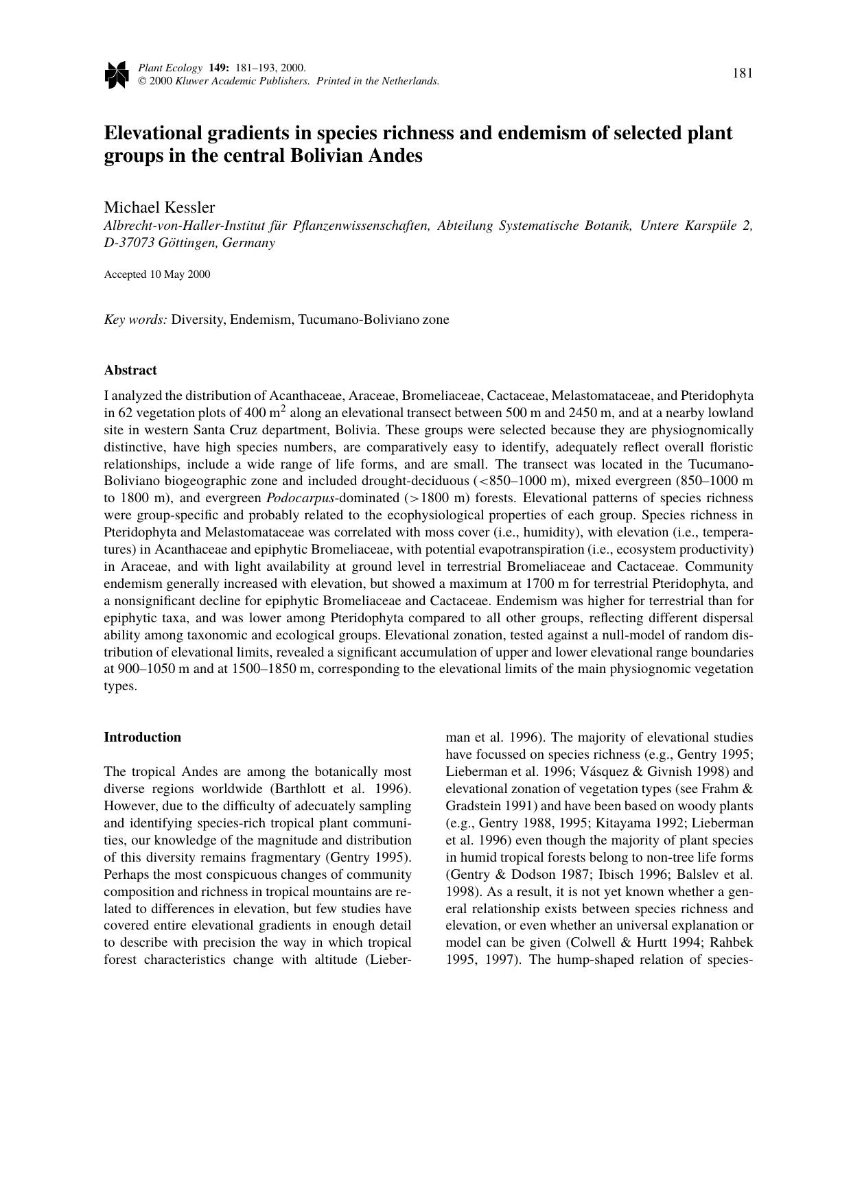 Elevational gradients in species richness and endemism of selected plant groups in the central Bolivian Andes by Unknown