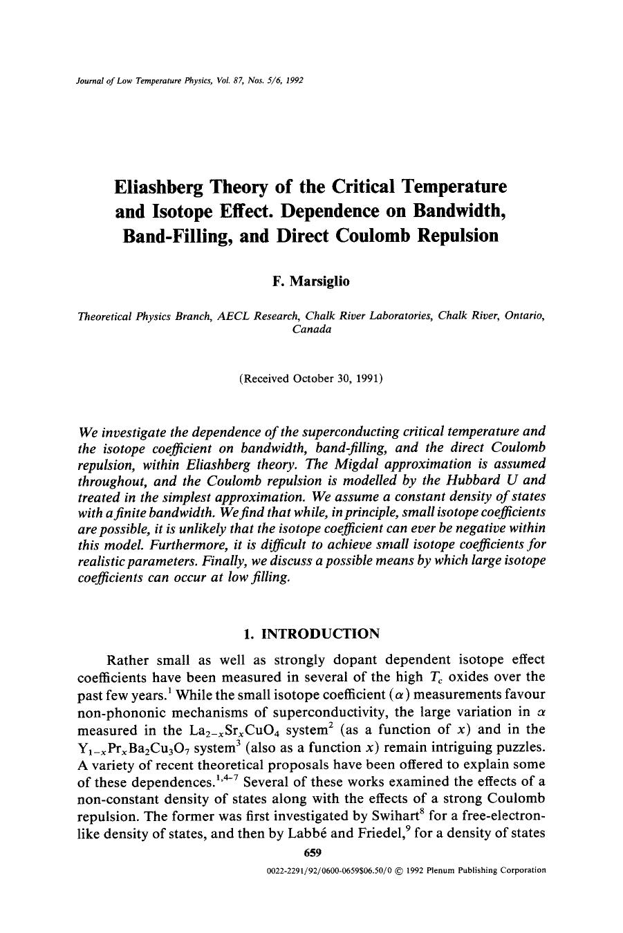 Eliashberg theory of the critical temperature and isotope effect. Dependence on bandwidth, band-filling, and direct Coulomb repulsion by Unknown