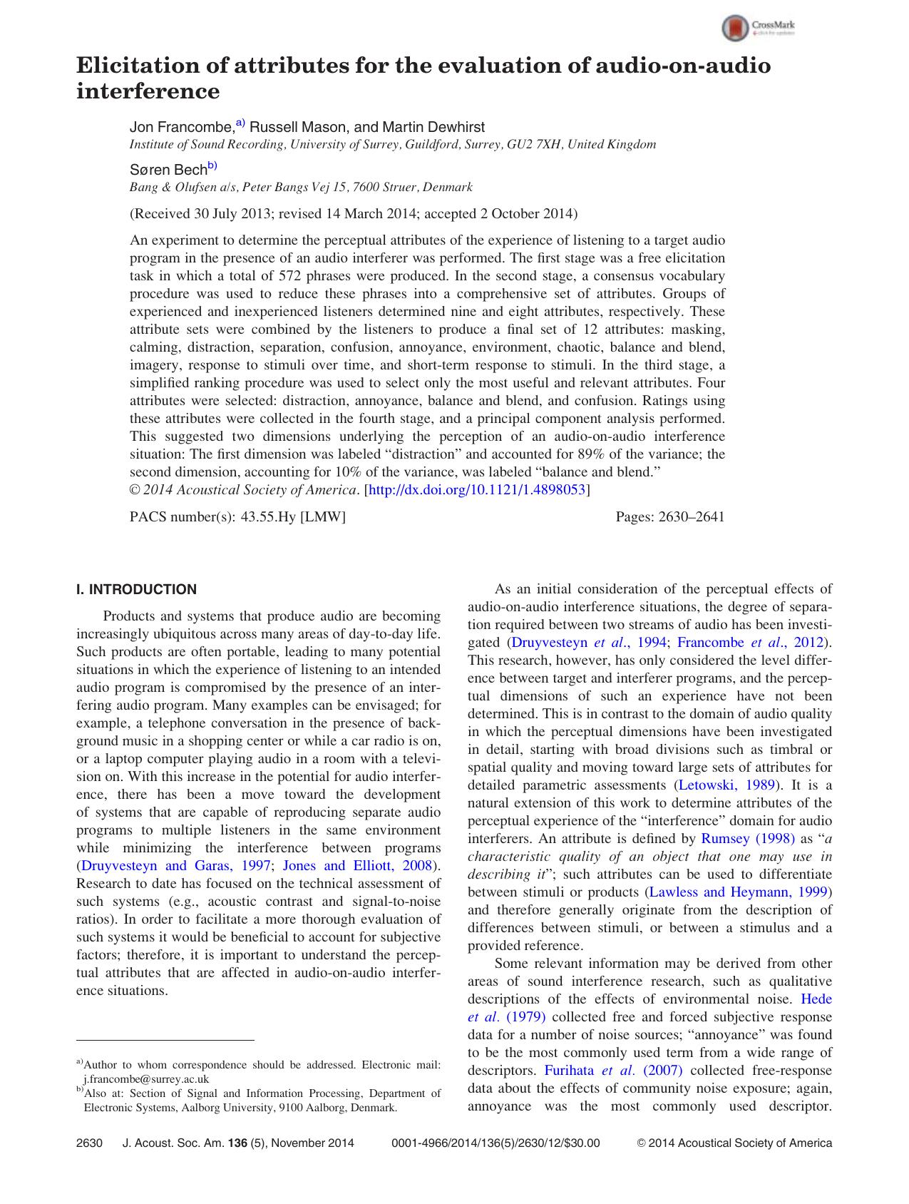 Elicitation of attributes for the evaluation of audio-on-audio interference by Jon Francombe & Russell Mason & Martin Dewhirst & Søren Bech