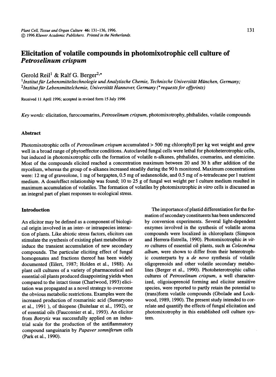Elicitation of volatile compounds in photomixotrophic cell culture of <Emphasis Type="Italic">Petroselinum crispum <Emphasis> by Unknown