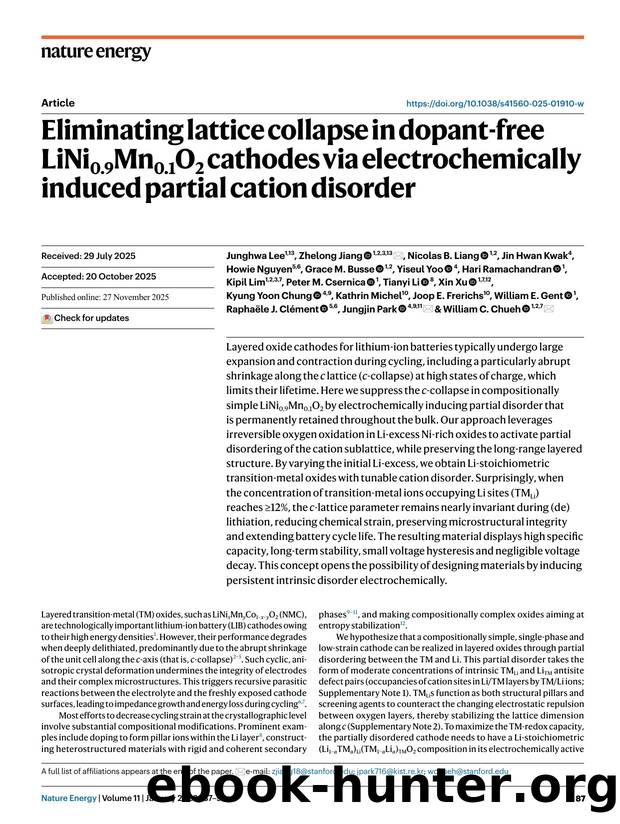 Eliminating lattice collapse in dopant-free LiNi0.9Mn0.1O2 cathodes via electrochemically induced partial cation disorder by unknow